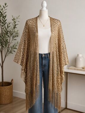 Pinklicious Gold Fringe Kimono Cover Up | Boho Glam Metallic Open Front